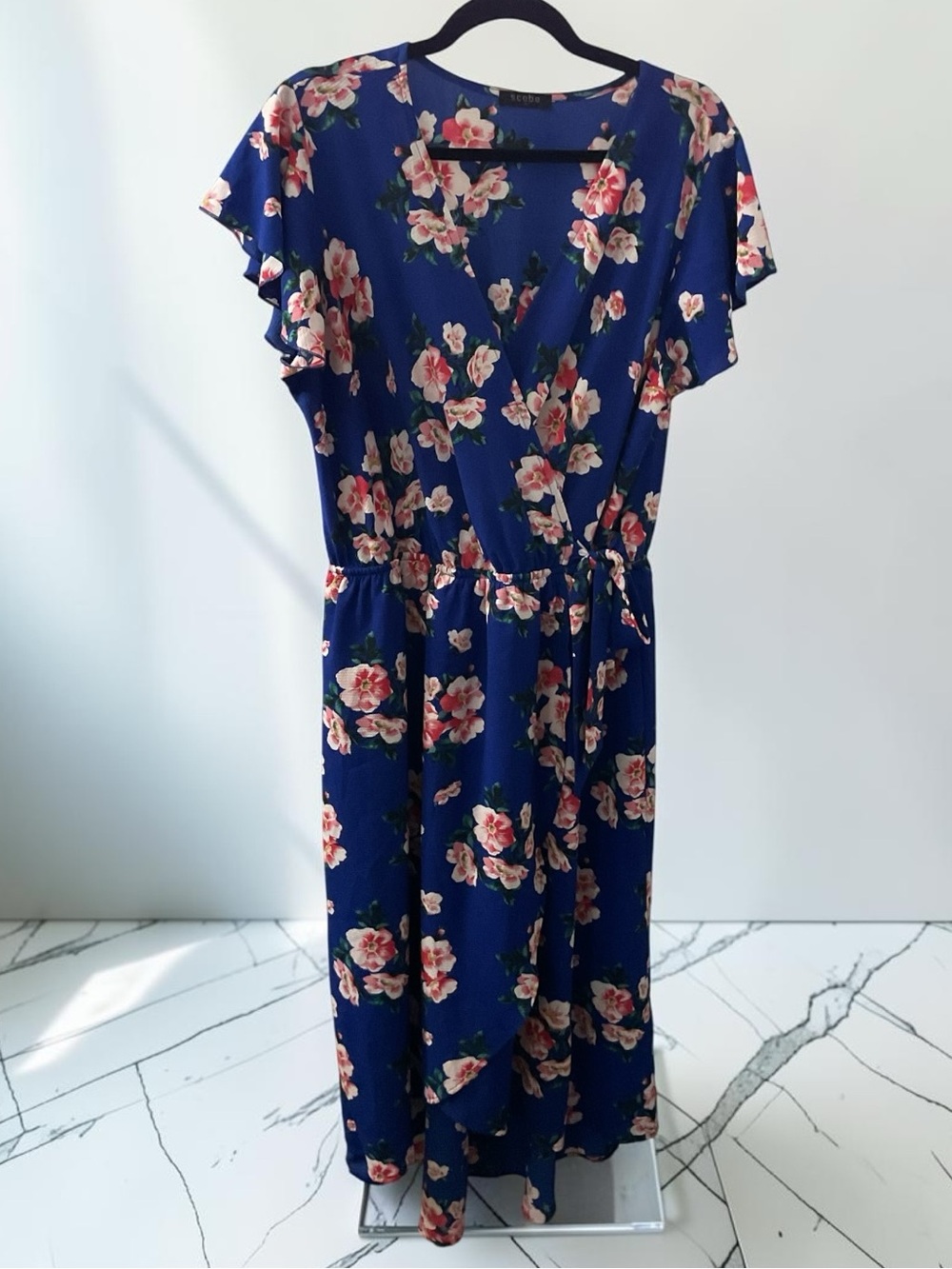 Floral Wrap-Front Navy Midi Dress P:20” L:53”